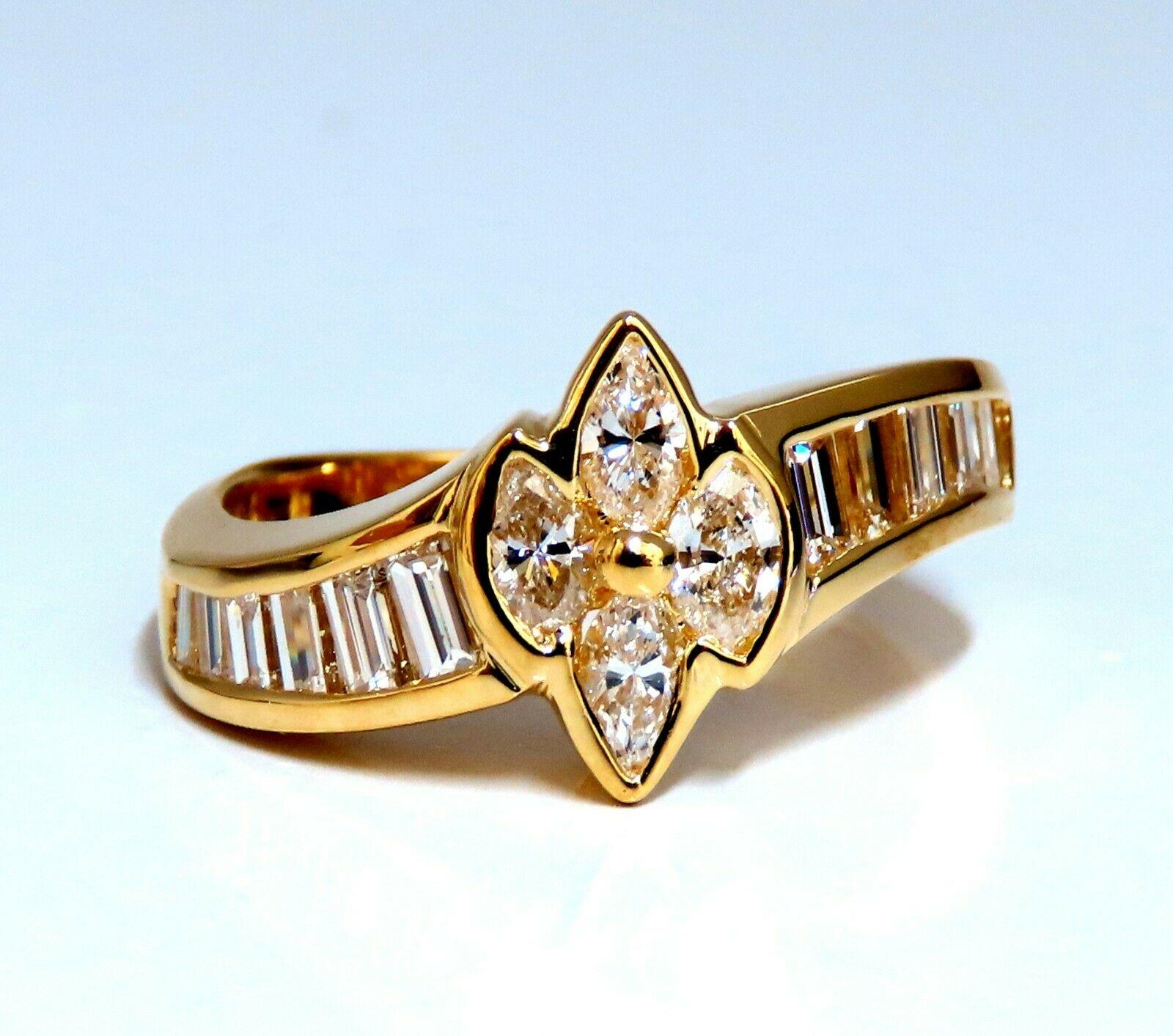 Anello a grappolo con diamanti marquise naturali da 1,10 carati 18 carati con accenti a baguette in vendita 1
