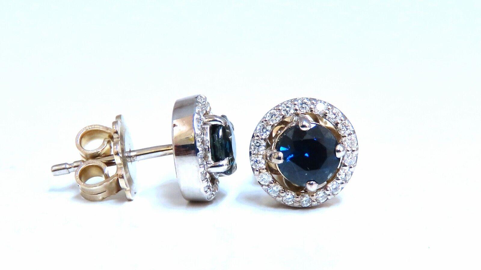 Round Cut 1.10ct Natural Sapphire Diamonds Cluster Earrings 14 Karat Gold For Sale