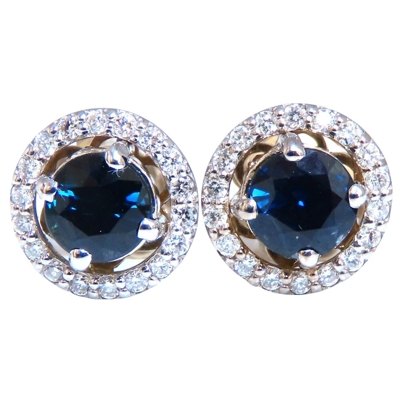 1.10ct Natural Sapphire Diamonds Cluster Earrings 14 Karat Gold For Sale