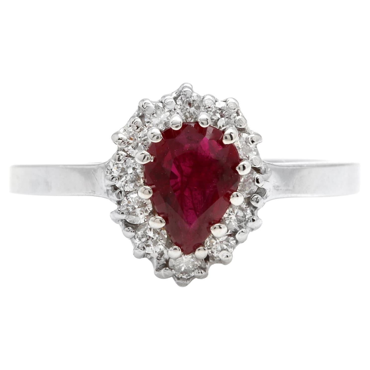 1.10ct Natural Untreated Ruby and Natural Diamond 14K White Gold Ring For Sale