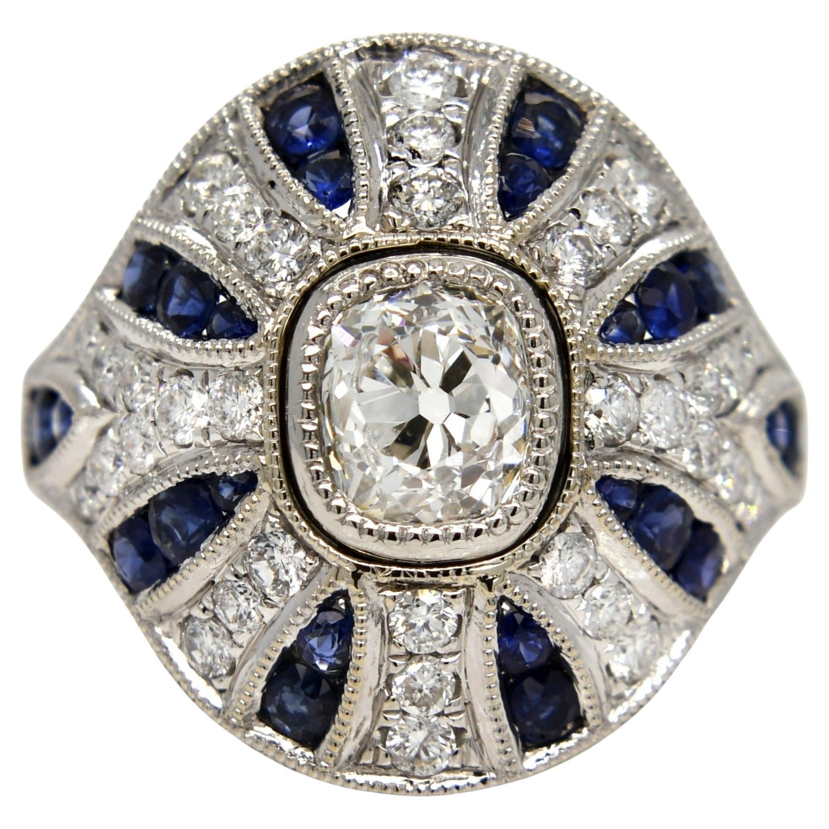 1.10ct old mine cut diamond and sapphire Bombé ring For Sale