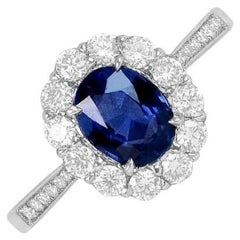 1.10ct Oval Cut Natural Sapphire Cluster Ring, Diamond Halo, Platinum