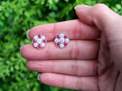 1.10ct Ruby and 1.49ct Diamond 18k White Gold Floral Cluster Earrings