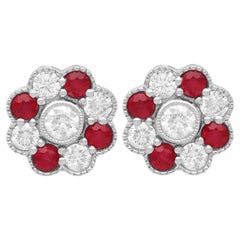 1.10ct Ruby and 1.49ct Diamond 18k White Gold Floral Cluster Earrings