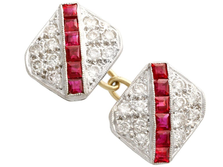 A stunning, fine and impressive pair of vintage 1.10 carat ruby and 1.82 carat diamond, 18 karat white gold cufflinks; part of our diverse antique jewelry and estate jewelry collections

These fine and impressive vintage ruby and diamond cufflinks
