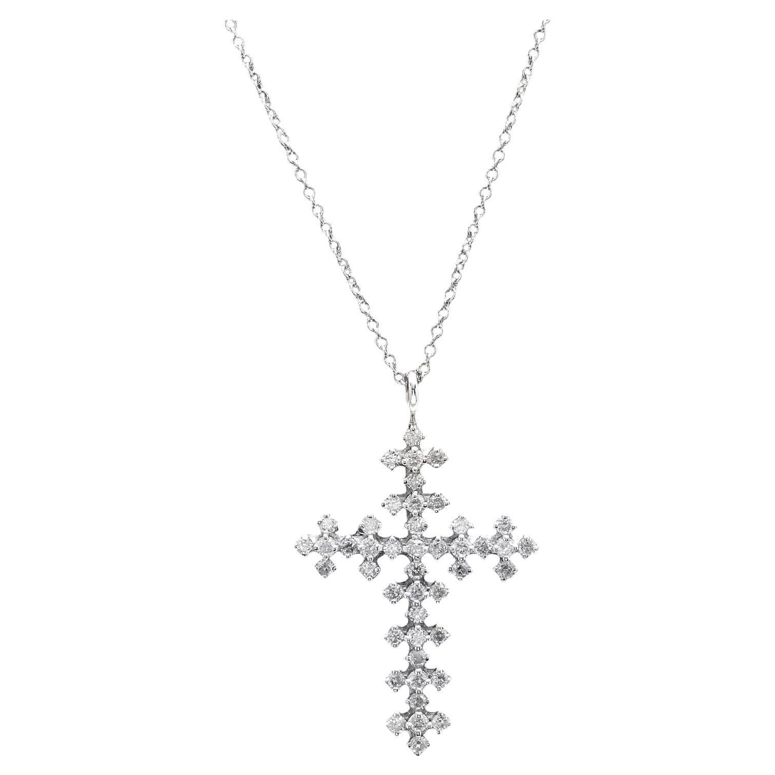 1.10Ct Stunning 14K Solid White Gold Diamond Cross Pendant Necklace For Sale