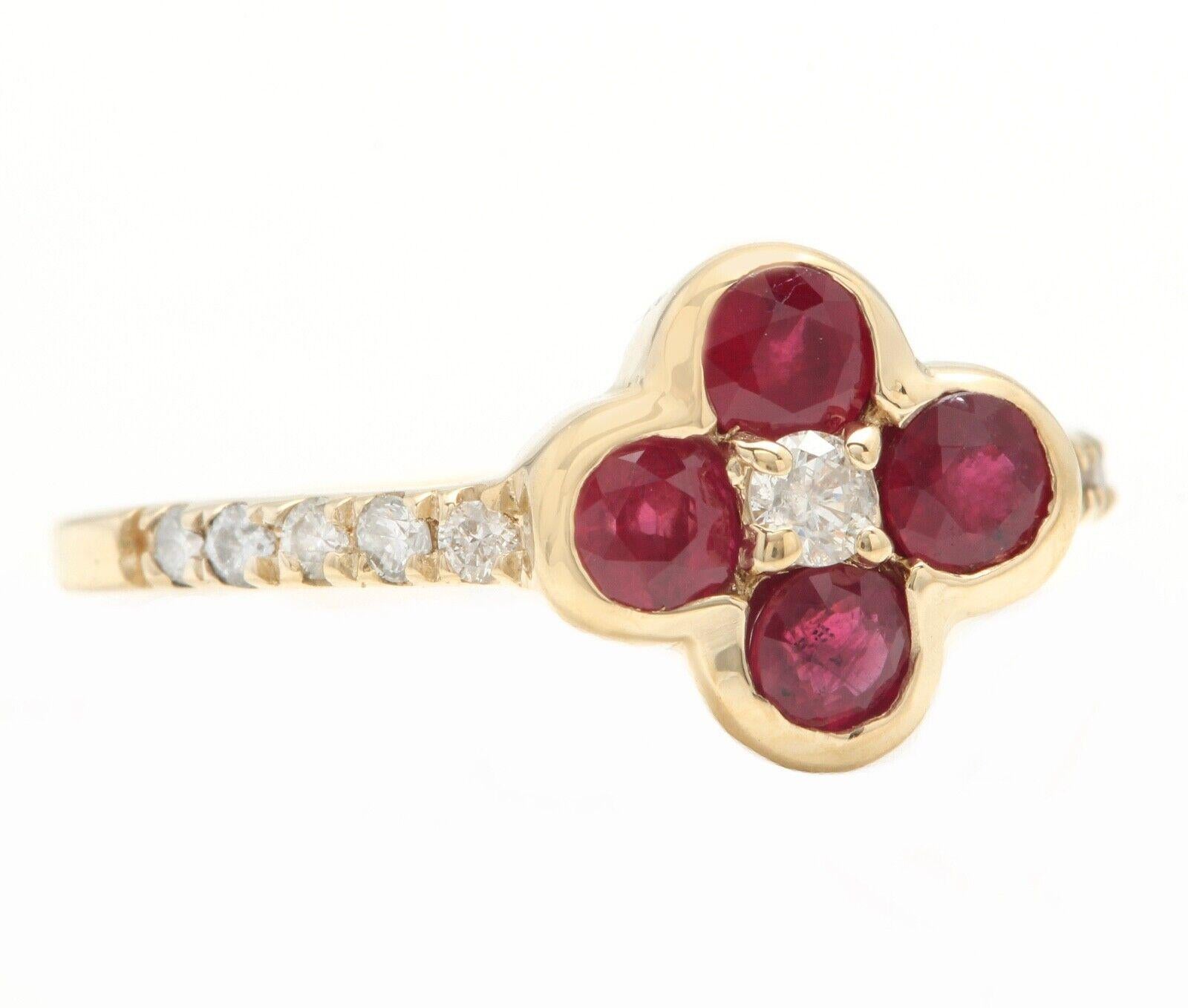 1.10 Carats Natural Ruby and Diamond 14K Solid Yellow Gold Ring

Suggested Replacement Value: $5,000.00

Total Natural Ruby Weight is: Approx. 0.90 Carats 

Rubies Treatment: Heat

Total Natural Round Diamonds Weight: Approx. 0.20 Carats (color G-H