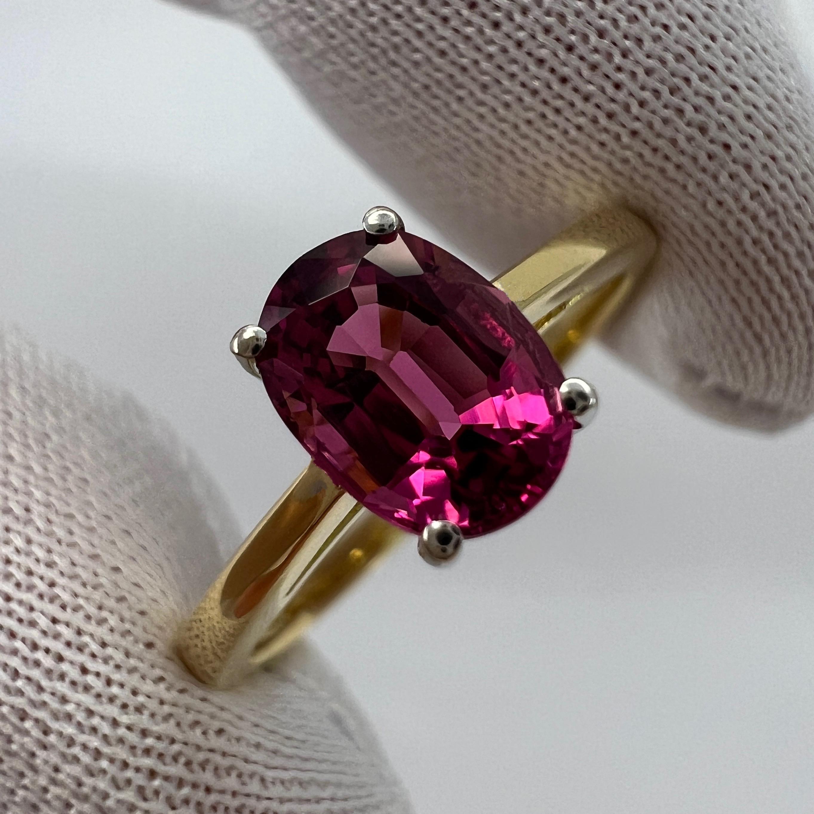 Vivid Pink Purple Rubellite Tourmaline Oval Cut 18k Yellow & White Gold Solitaire Ring.

1.10 Carat rubellite tourmaline with a stunning vivid pink purple colour and excellent clarity. Very clean stone.

Also has an excellent oval brilliant cut