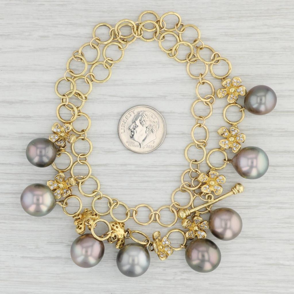 Women's 1.10ctw Diamond Flower Black Cultured Pearl Statement Necklace 18k Gold 18.5