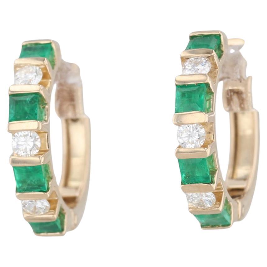 1.10ctw Emerald Diamond Hoop Huggie Earrings 14k Gold Snap Top Round Hoops