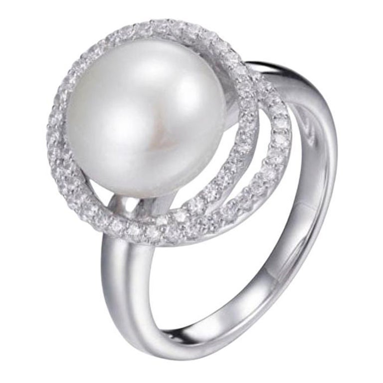 Bague de fiançailles Aurora Art Déco en argent sterling avec perle et zirconia cubique de 11,0 mm en vente