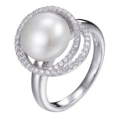 Bague de fiançailles Aurora Art Déco en argent sterling avec perle et zirconia cubique de 11,0 mm