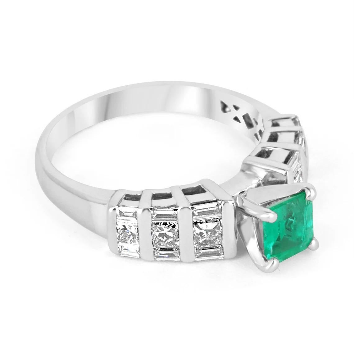 Featured here is a classic emerald and diamond engagement ring. Expertly handcrafted in gleaming 14K white gold; this ring features one fine quality emerald in a four-prong setting. The center is an extraordinary gemstone and has profound color