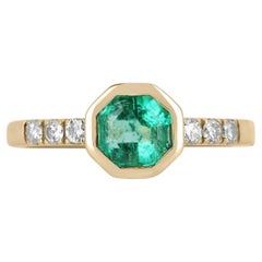 1.10tcw 14K Colombian Emerald-Octagon Shape & Diamond Accent Bezel Ring