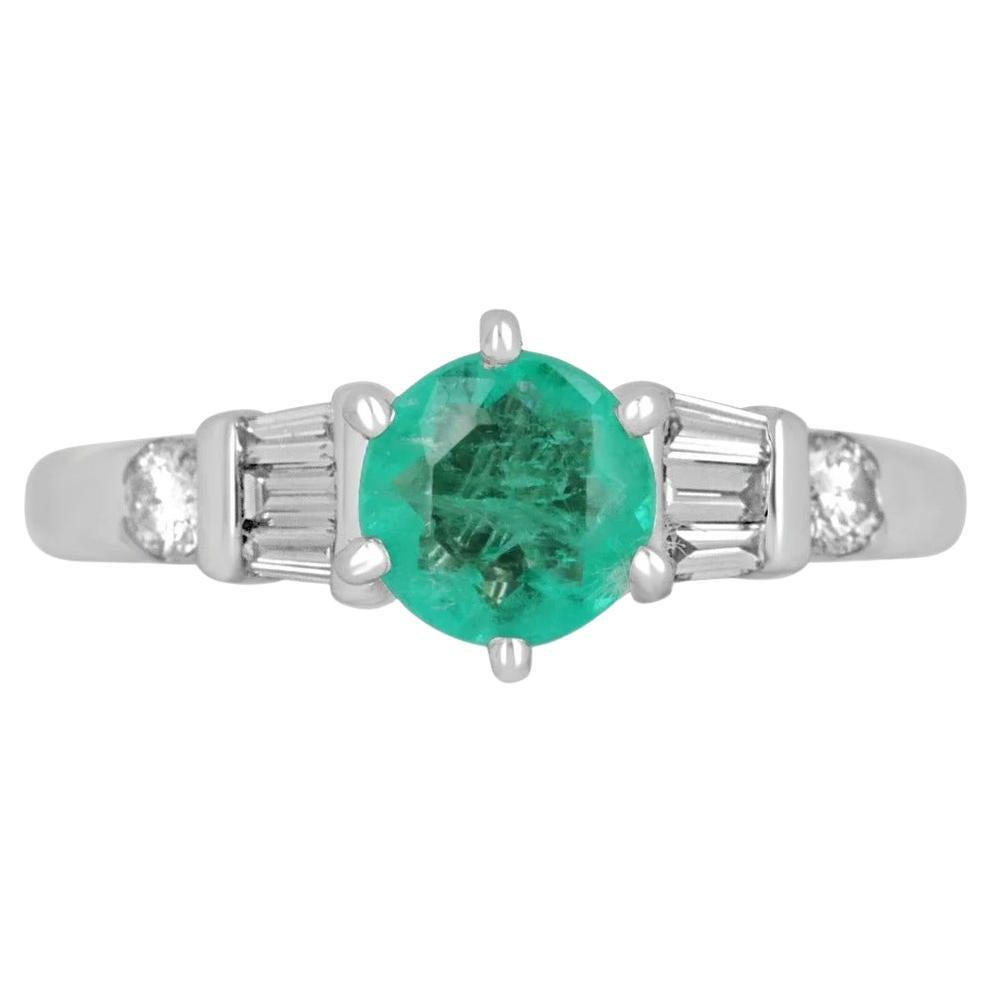 1.10tcw 14K Colombian Emerald-Round Cut & Tapered Baguette & Round Diamond Ring For Sale