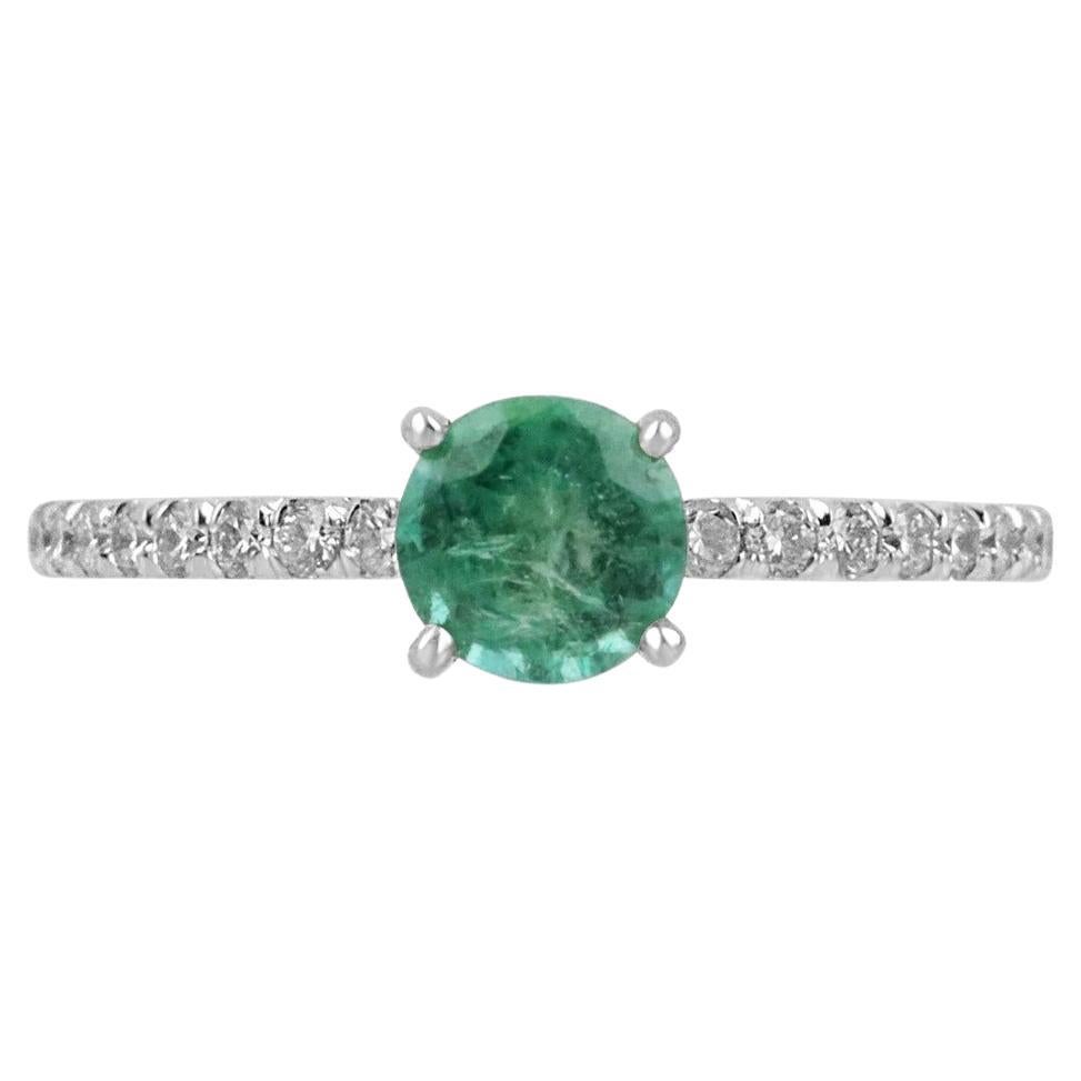 1.10tcw 14K Natural Emerald-Round Cut & Diamond Shank Ring, Emerald Gold Ring For Sale