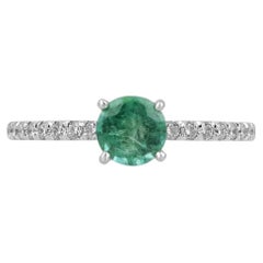 1.10tcw 14K Natural Emerald-Round Cut & Diamond Shank Ring, Emerald Gold Ring