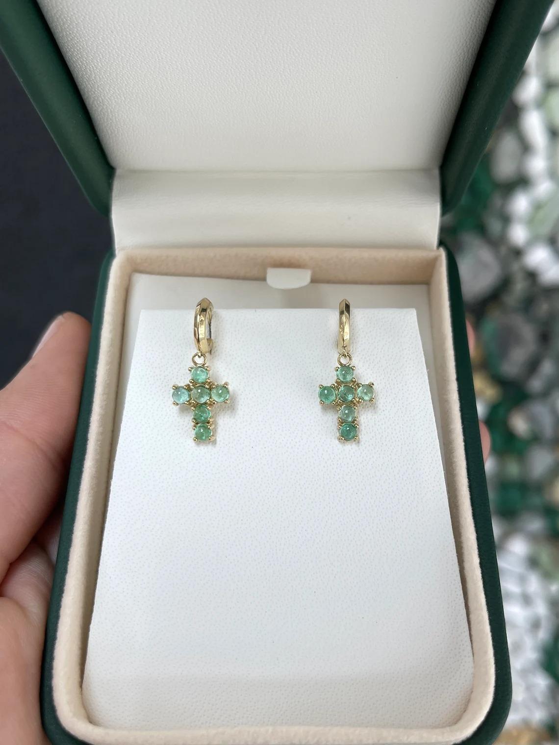 1.10tcw 14K Natural Light Green Emerald Round Cabochon Cut Cross Dangle Earrings In New Condition For Sale In Jupiter, FL