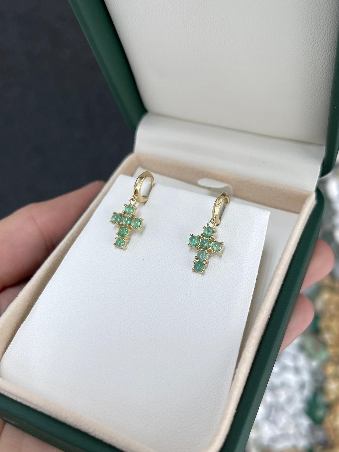 Women's 1.10tcw 14K Natural Light Green Emerald Round Cabochon Cut Cross Dangle Earrings For Sale