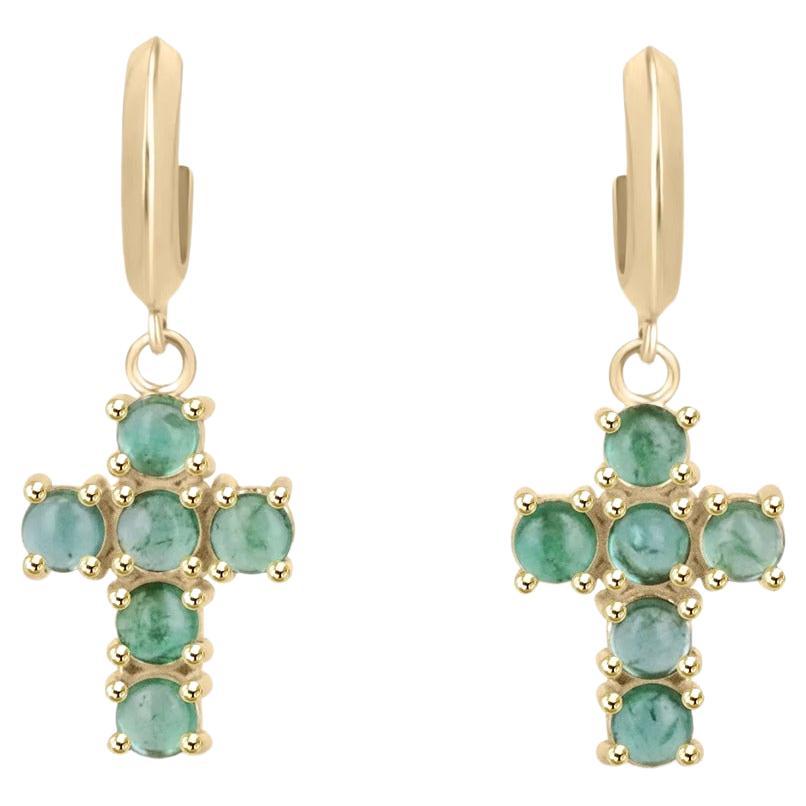 1.10tcw 14K Natural Light Green Emerald Round Cabochon Cut Cross Dangle Earrings For Sale