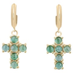 Used 1.10tcw 14K Natural Light Green Emerald Round Cabochon Cut Cross Dangle Earrings