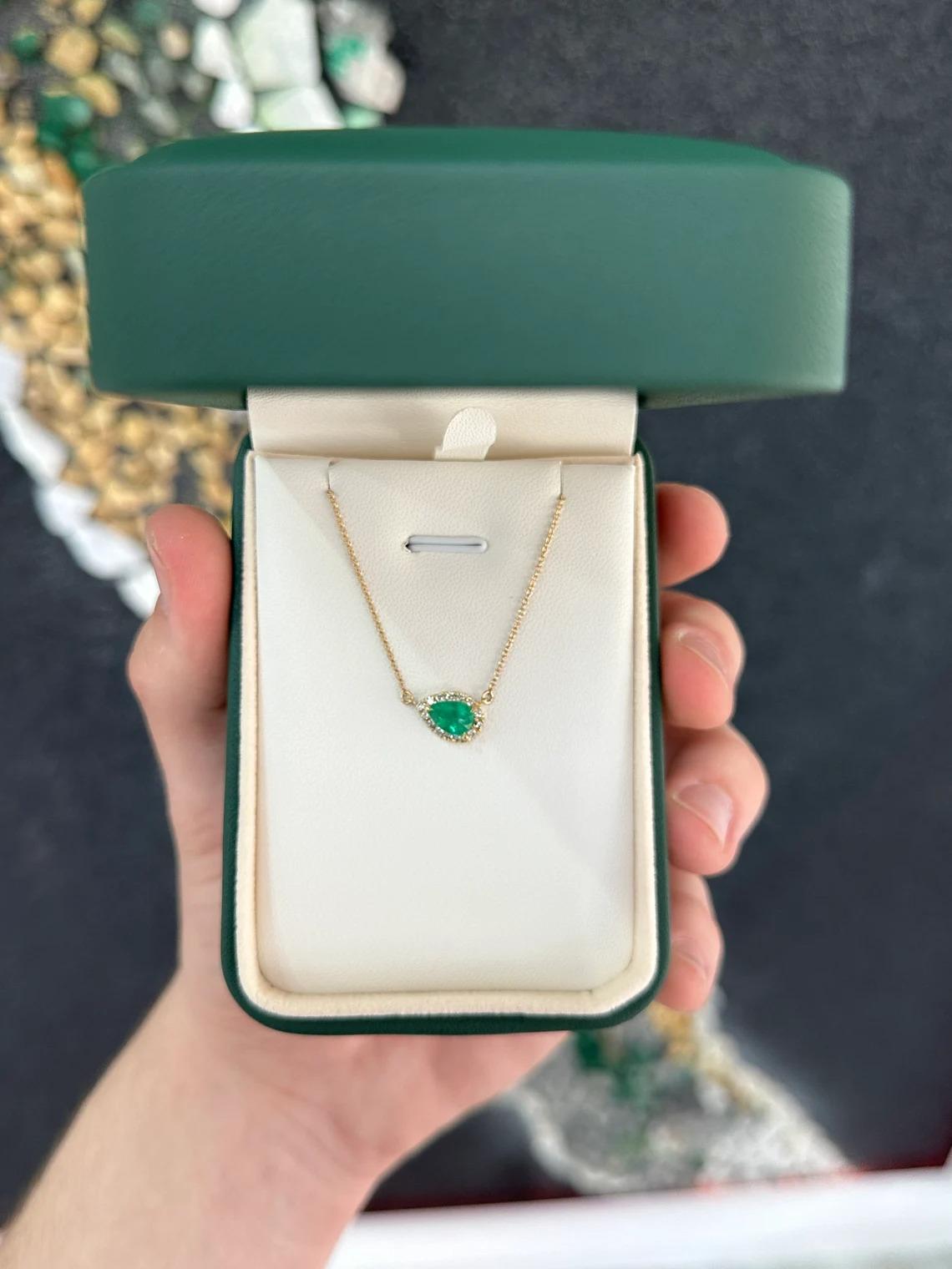 1.10tcw 14K Natural Titled Pear Cut Emerald & Diamond Halo Stacking Necklace For Sale 2