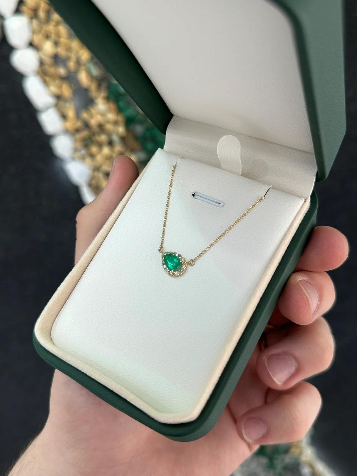 1.10tcw 14K Natural Titled Pear Cut Emerald & Diamond Halo Stacking Necklace For Sale 4