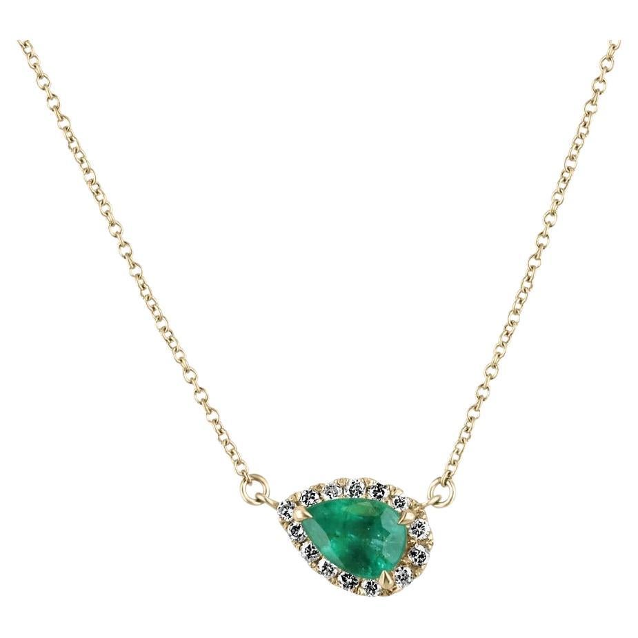 1.10tcw 14K Natural Titled Pear Cut Emerald & Diamond Halo Stacking Necklace For Sale