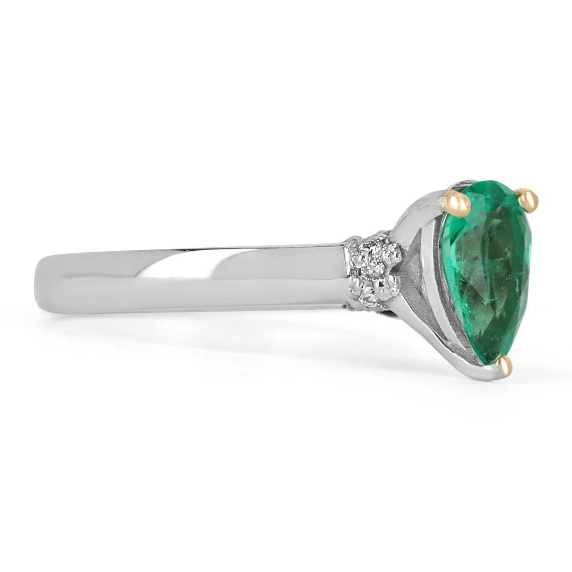 For Sale:  1.10tcw 14K Pear Shape Colombian Emerald, Diamond, & Sapphire Accent Ring  2