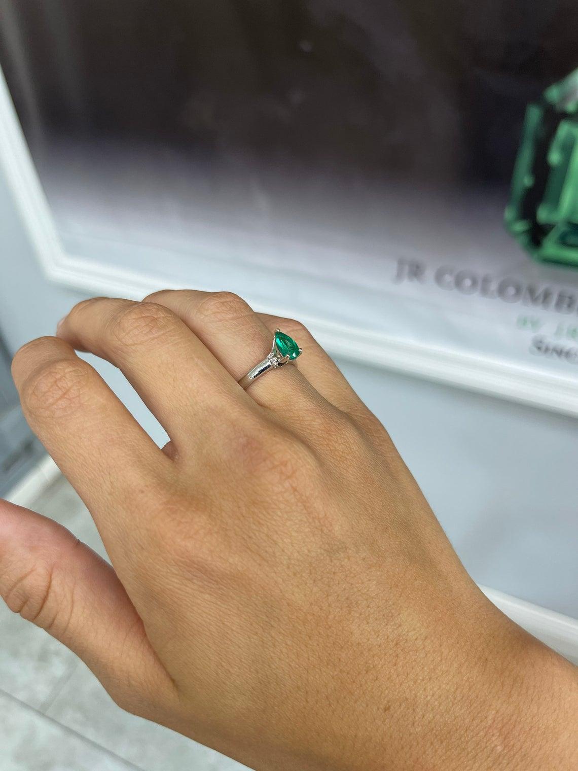 For Sale:  1.10tcw 14K Pear Shape Colombian Emerald, Diamond, & Sapphire Accent Ring  4
