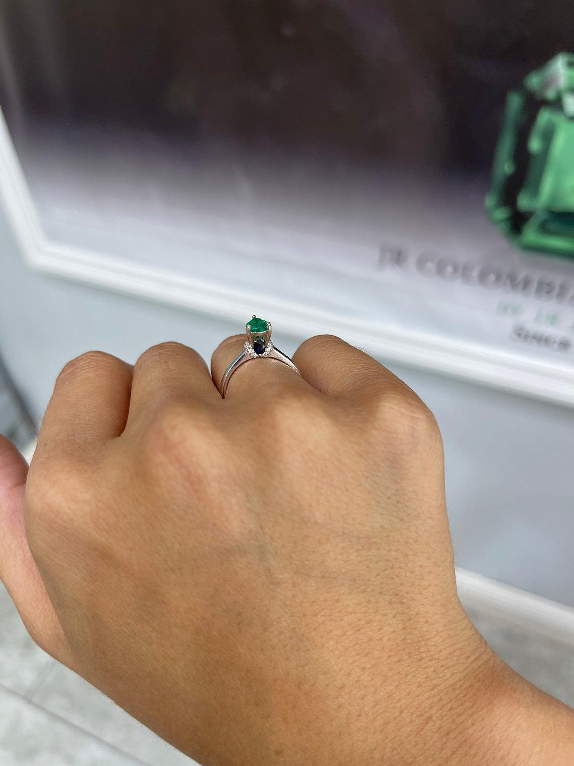 For Sale:  1.10tcw 14K Pear Shape Colombian Emerald, Diamond, & Sapphire Accent Ring  5
