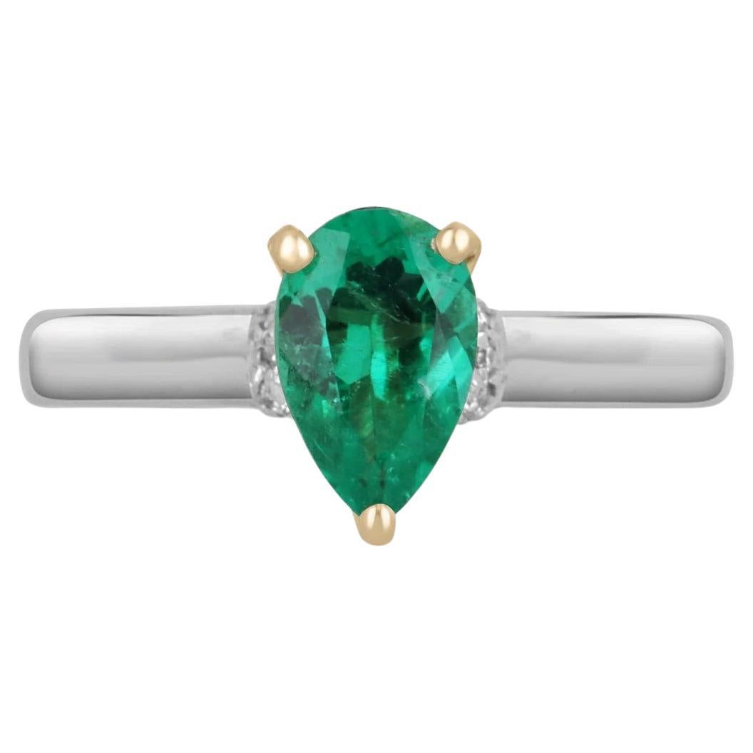 For Sale:  1.10tcw 14K Pear Shape Colombian Emerald, Diamond, & Sapphire Accent Ring