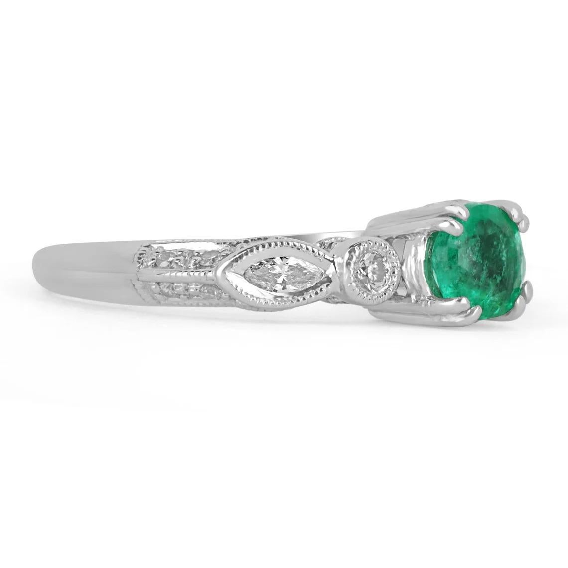 Setting Style: Prong/Pave/Bezel
Setting Material: 14K White Gold
Weight: 3.6 Grams

Main Stone: Emerald
Shape: Round Cut
Approx Weight: 0.80-Carats
Clarity: Transparent
Color: Vivid Green
Luster: Excellent
Treatments: Natural, Oiling
Origin: