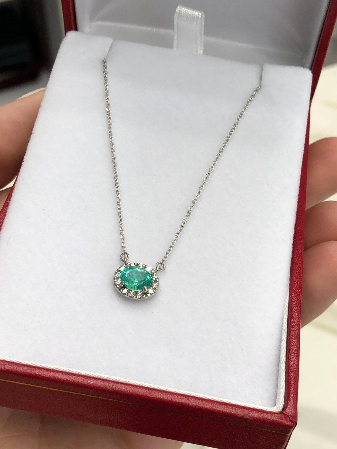 1.10tcw Natural Oval Emerald & Diamond Halo Pendant in 14k White Gold East In New Condition For Sale In Jupiter, FL