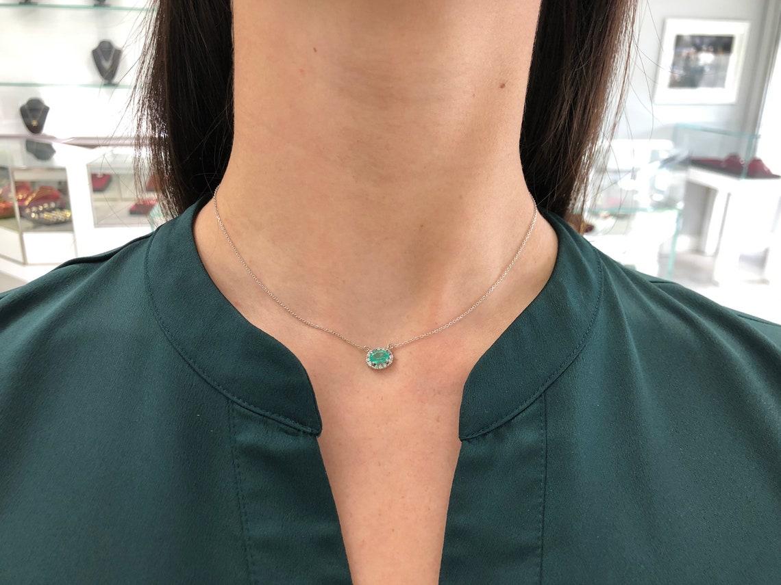 1.10tcw Natural Oval Emerald & Diamond Halo Pendant in 14k White Gold East For Sale 1