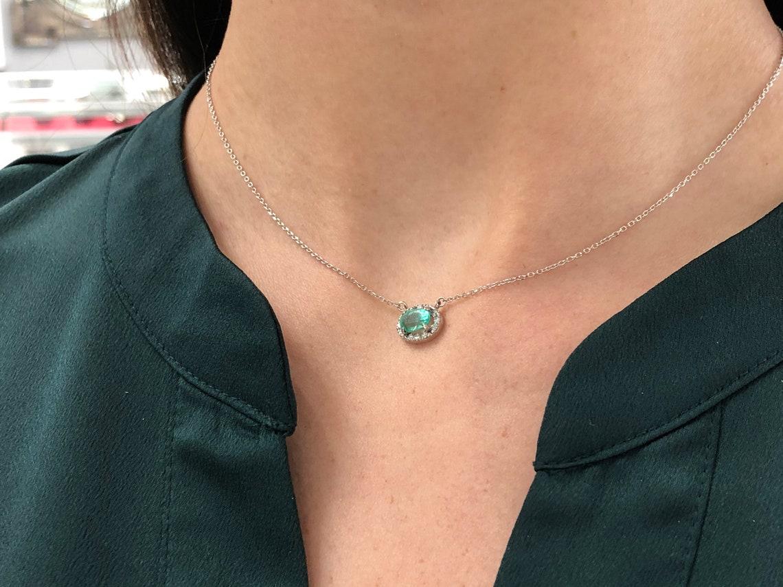 1.10tcw Natural Oval Emerald & Diamond Halo Pendant in 14k White Gold East For Sale 2