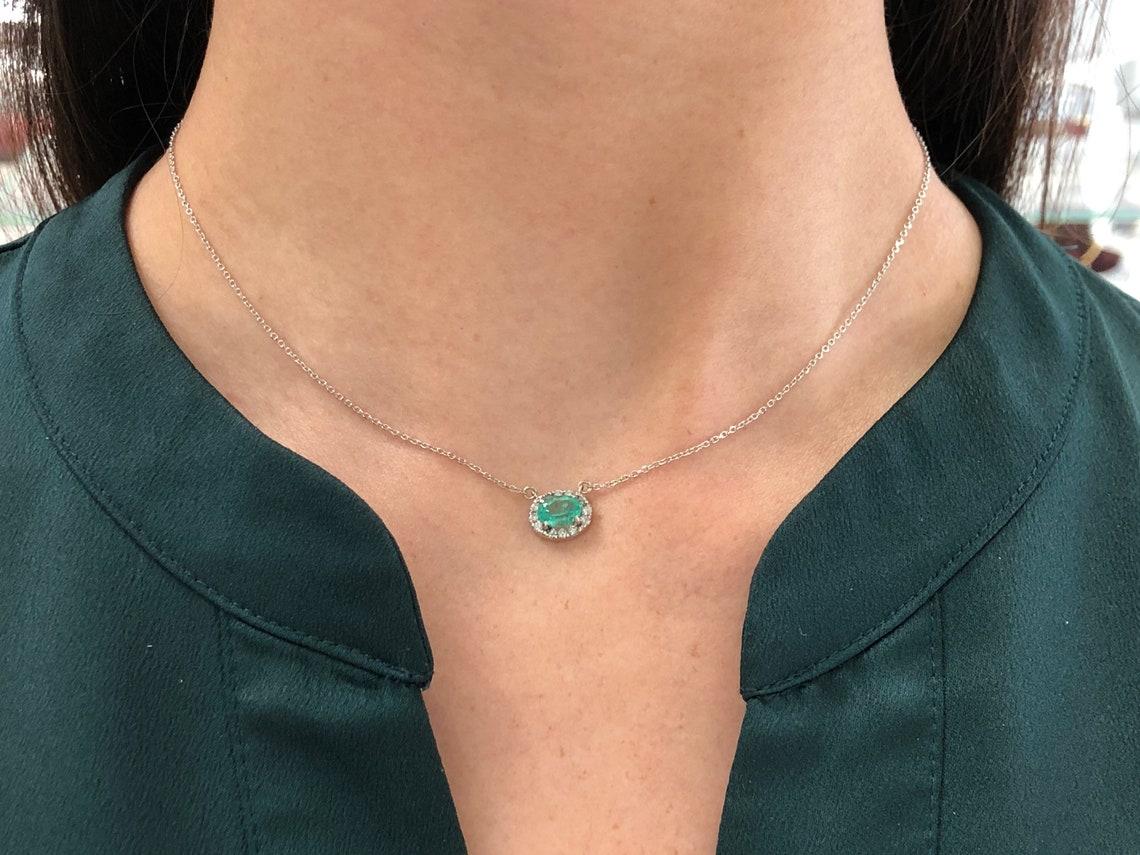 1.10tcw Natural Oval Emerald & Diamond Halo Pendant in 14k White Gold East For Sale 3