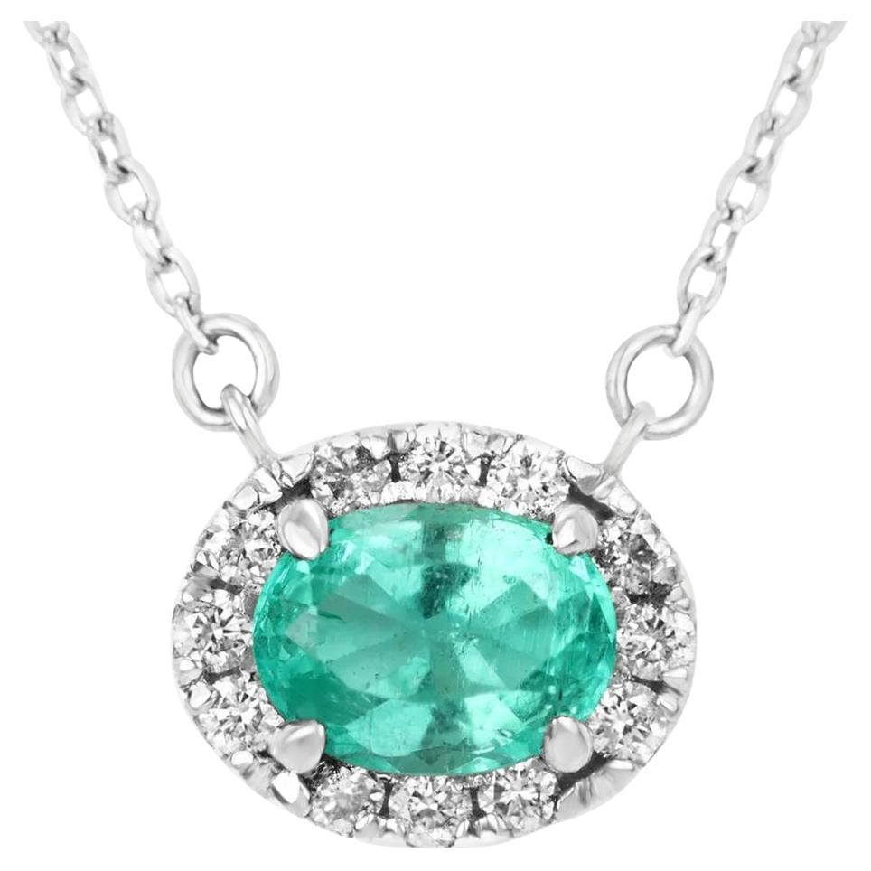 1.10tcw Natural Oval Emerald & Diamond Halo Pendant in 14k White Gold East For Sale
