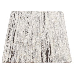 1'10"x1'10" Ivory, 100% Wool, Hand Knotted, Thick Chunky Texture, Square Rug