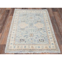 Tappeto in lana annodato a mano, 1'10"x2'10", grigio, con motivo "Anatolian Village" e annodi turchi