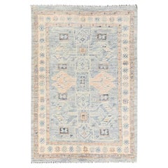 Tappeto in lana annodato a mano, 1'10"x2'10", grigio, con motivo "Anatolian Village" e annodi turchi