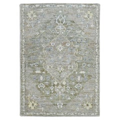 1'10"x2'10" Gray-Green Hand Knotted Oushak Sample Cropped Low Pure Wool Mat Rug