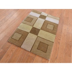 1'10"x2'10" Tan Brown Modern Nepali Squares Design 100% Wool Hand Knotted Rug