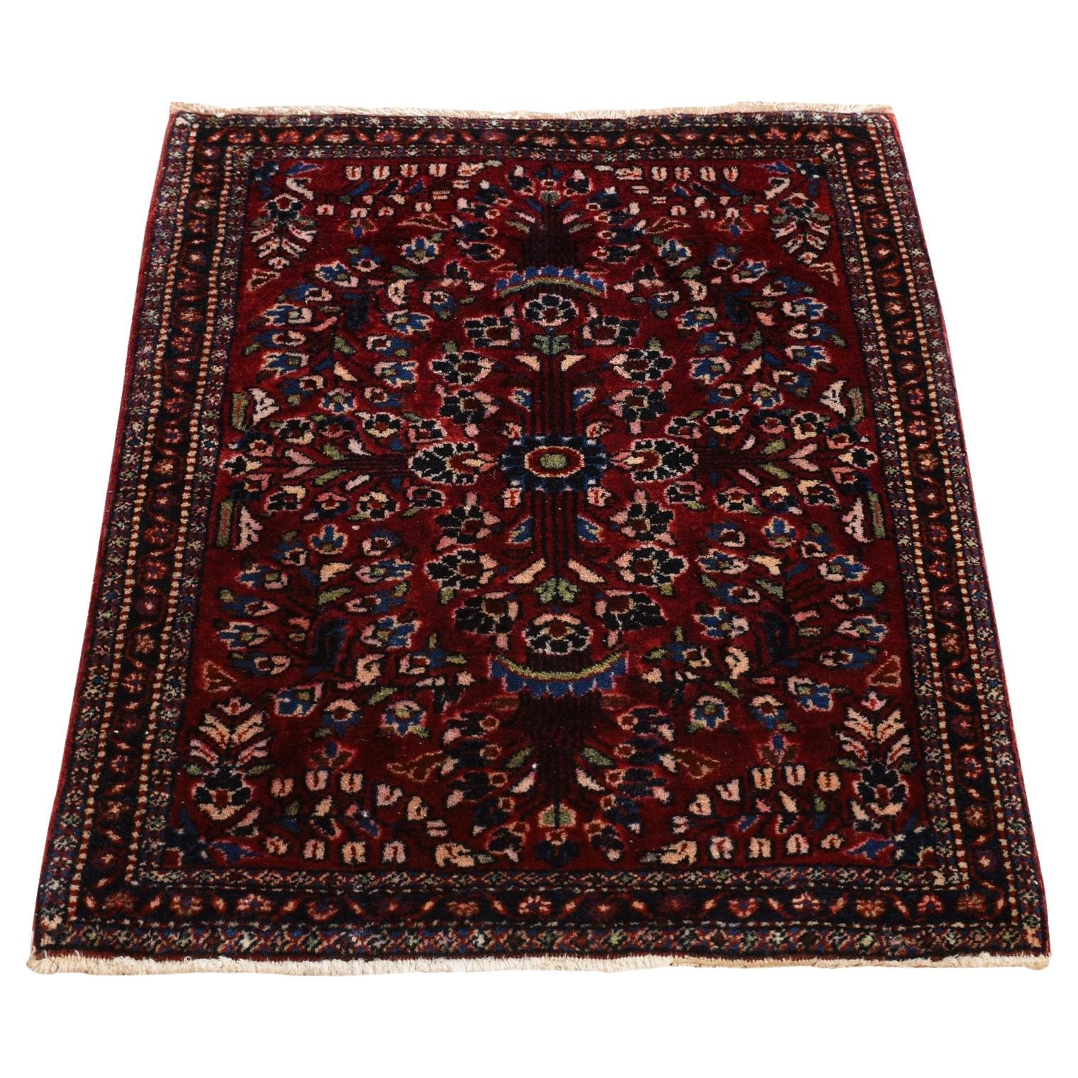 1'10"x2'6" Red Hand Knotted Pure Wool Antique Persian Sarouk Mat Oriental Rug