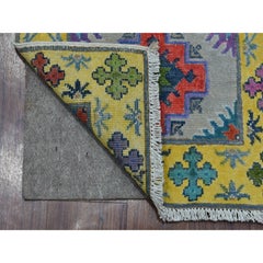 1'10"x2'9" Yellow Fusion Kazak Organic Wool Hand Knotted Mat Oriental Rug