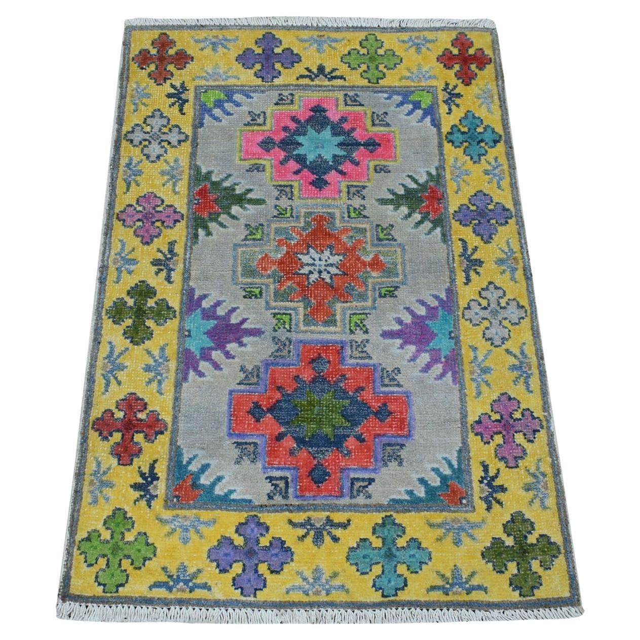 1'10"x2'9" Yellow Fusion Kazak Organic Wool Hand Knotted Mat Oriental Rug