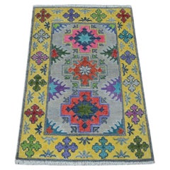 1'10"x2'9" Yellow Fusion Kazak Organic Wool Hand Knotted Mat Oriental Rug