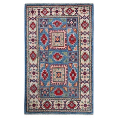 1'10"x3' Blue Kazak with Geometric Medallions Design Hand Knotted Wool Mat Rug
