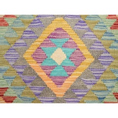 1'10"x3' Colorful, Extra Soft Wool, Afghan Kilim, Hand Woven, Oriental Rug