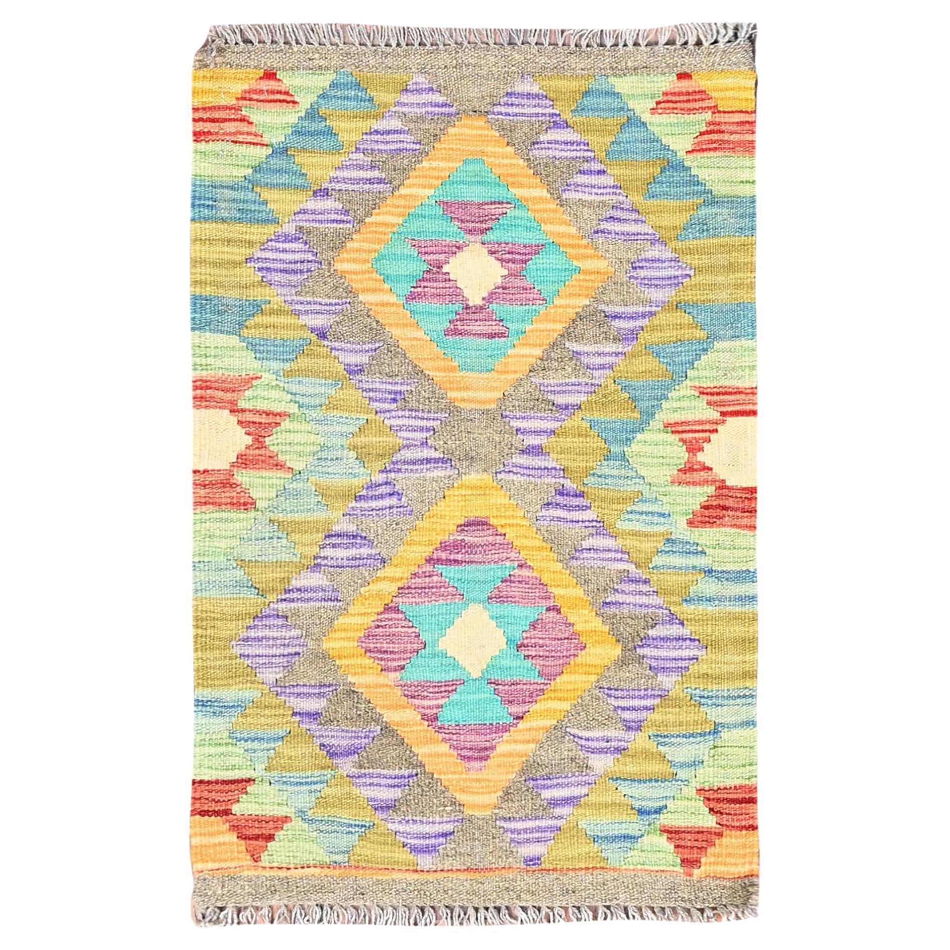 1'10"x3' Colorful, Extra Soft Wool, Afghan Kilim, Hand Woven, Oriental Rug For Sale